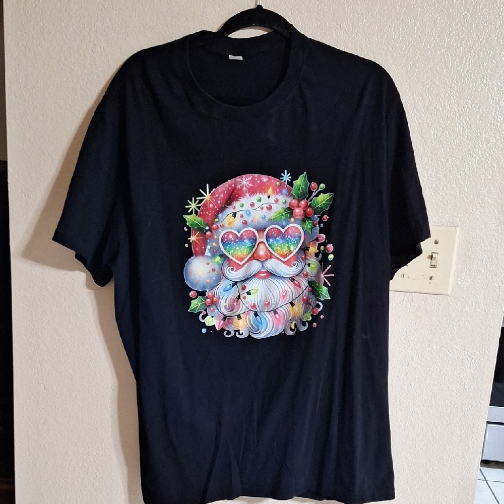 Ladies Plus Sz2X Black Santa Graphic T-Shirt NWOT